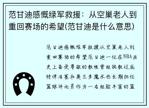 范甘迪感慨绿军救援：从空巢老人到重回赛场的希望(范甘迪是什么意思)